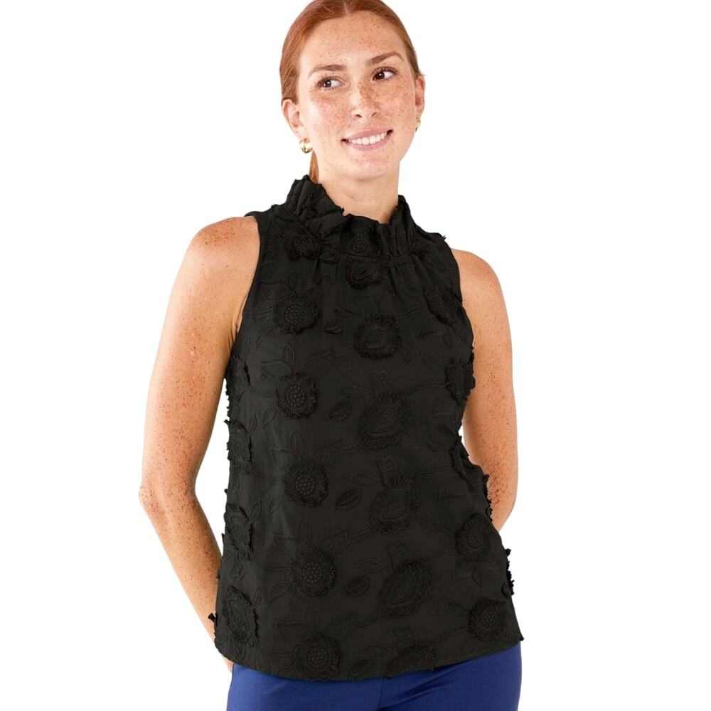 Abbey Glass Barbara Black Ruffle Neck Top 3-D Floral Size M